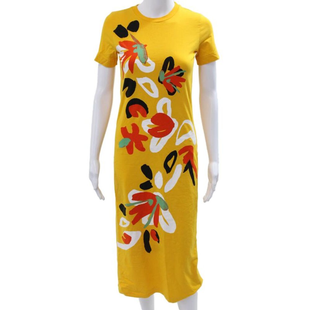 Tanya Taylor Womens Yellow Floral T-Shirt Dress Short Sleeve Midi Size XS